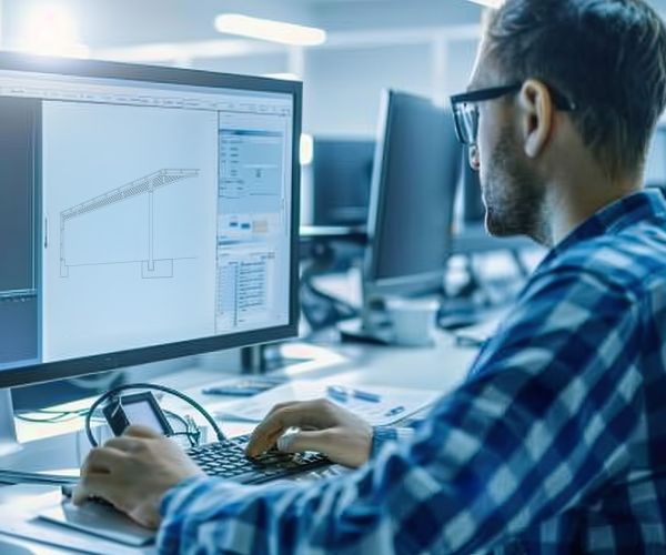 CAD-Arbeitsplatz: Mitarbeiter erstellt Hallenplan am PC