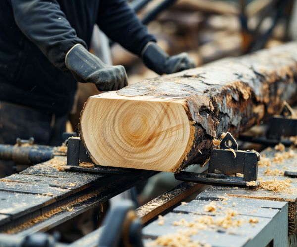 Nahaufnahme: Baumstamm wird im Sägewerk zugeschnitten