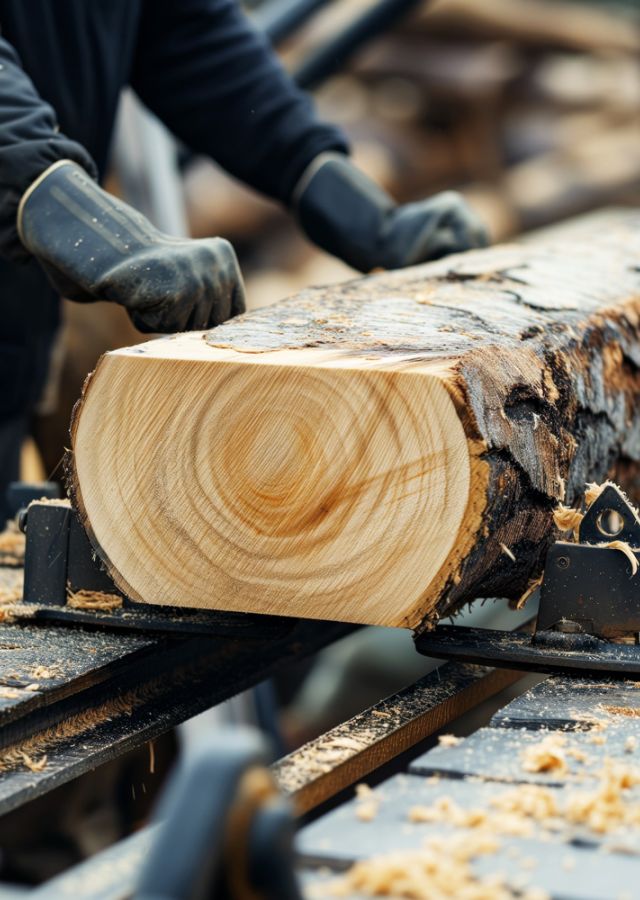 Nahaufnahme: Baumstamm wird im Sägewerk zugeschnitten